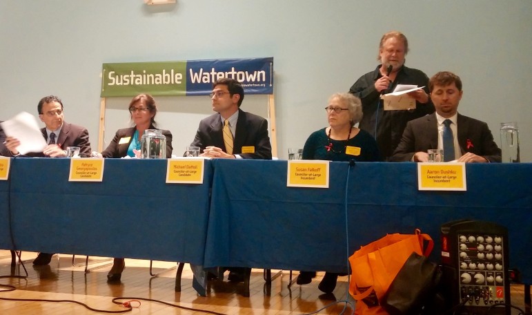 The Councilor At-Large candidates answered questions posed by Sustainable Watertown. Seated, from left, Tony Palomba, Patryce Georgopoulos, Michael Dattoli, Susan Falkoff and Aaron Dusku. Standing is Sustainable Watertown's Joe Levendusky.