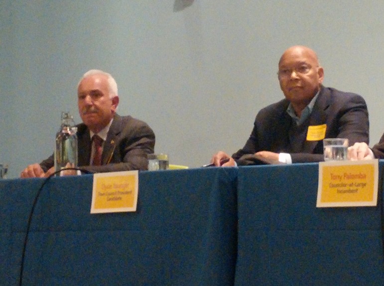 The two candidates for Town Council President, incumbent Mark Sideris, left, and former president Clyde Younger, spoke at the Sustainable Watertown Candidates Forum on Monday.