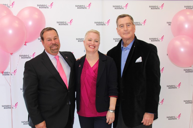 Lexus of Watertown hosted the Pink Tie Guy Breast Cancer awareness event attended by, from left, General Manager of Lexus of Watertown Vincent Liuzzi, Susan G. Komen Massachusetts Interim CEO Lori van Dam, and WEEI Morning Show co-host John Dennis. The 