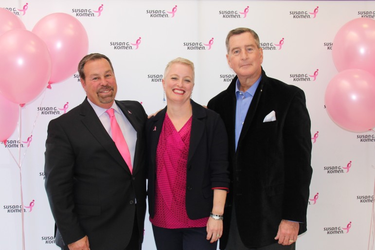Lexus of Watertown hosted the Pink Tie Guy Breast Cancer awareness event attended by, from left, General Manager of Lexus of Watertown Vincent Liuzzi, Susan G. Komen Massachusetts Interim CEO Lori van Dam, and WEEI Morning Show co-host John Dennis. The