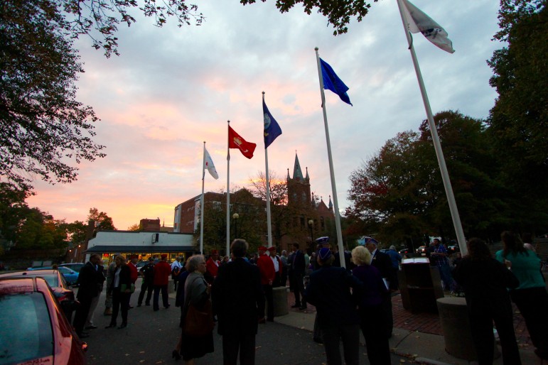 The sun sets after the ceremony marking Watertown being named a Purple Heart Community.