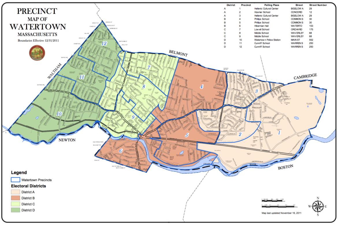 A map of Watertown's Districts: Peach is A, Red is B, Lime Green is C, Green is D.