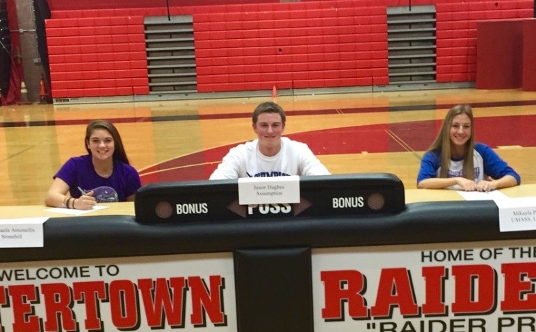 These three Watertown athletes will be playing sports in college, from left: Michaela Antonellis, Field Hockey, Stonehill; Jason Hughes Lacrosse, Assumption; and Mikayla Paone, Field Hockey, UMass-Lowell.