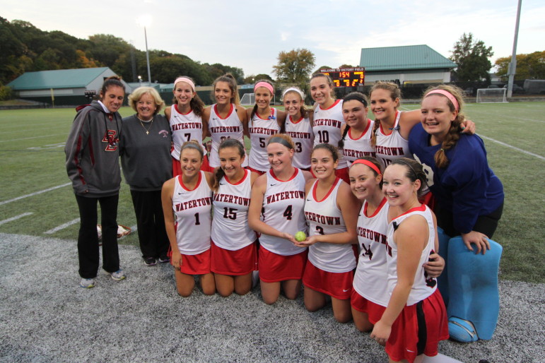 The Watertown field hockey team hopes to have more celebrations this year. Here, the Raiders celebrate breaking the national unbeaten streak record of 154.