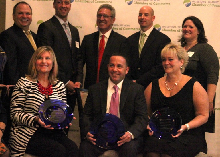 The recipients of the Chamber's community service award hold the award plates - from left, Watertown Director of Health Deborah Rosati representing the WATER Town Coaltion, Pete Airasian of Watertown Overcoming Addiction and Wendy Morrissey of Watertown Against Substance Abuse.