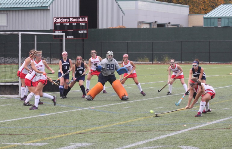 Watertown junior Kourtney Kennedy fires at the Wilmington goal, but Rose Cuozzo made a kick save to end the half scoreless in the North Section quarterfinal.