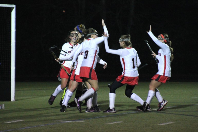 Watertown co-captain Michaela Antonellis, No. 3, scored the Raiders' first goal in the 4-0 win over Hanover.