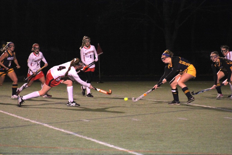Watertown senior co-captain Ally McCall shoots at the Hanover. She had two goal in the state semifinal win.