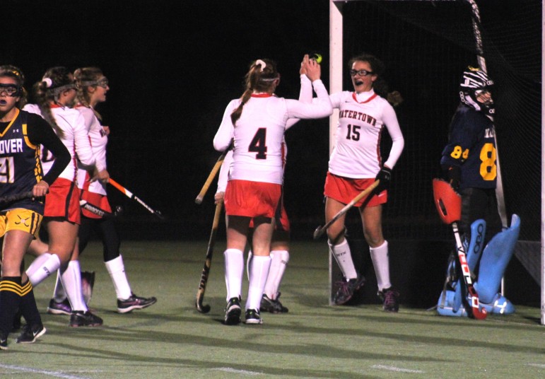 Watertown sophomore Olivia Venezia, 15, celebrates after scoring against Hanover in the State Semifinal.