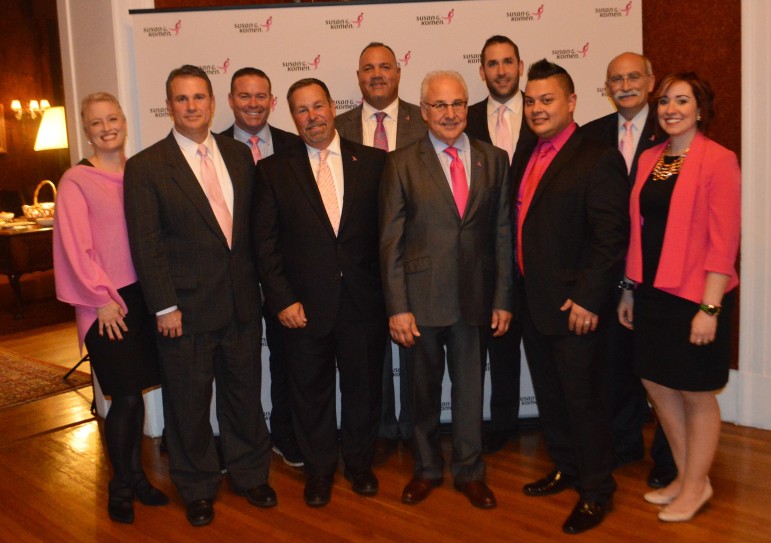 Lexus of Watertown sponsored the Pink Tie Guy campaign with Komen of Massachusetts. Picured, front from left: Lori van Dam, interim CEO of Susan G. Komen Massachusetts, John Barstow, Vincent Liuzzi, General Manager of Lexus of Watertown, Tom Majeski, Chad Tinti and Catie Fauvelle, Director of Development of Susan G. Komen Massachusetts. Second row. from left: Patrick Bradley, Anthony Carlino, Patrick Blake and Paul Chella.
