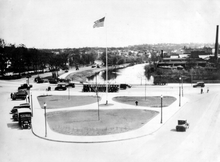 A view of the Watertown Square Delta in 1927, showing the tree that is coming down in the foreground and the river in the background.