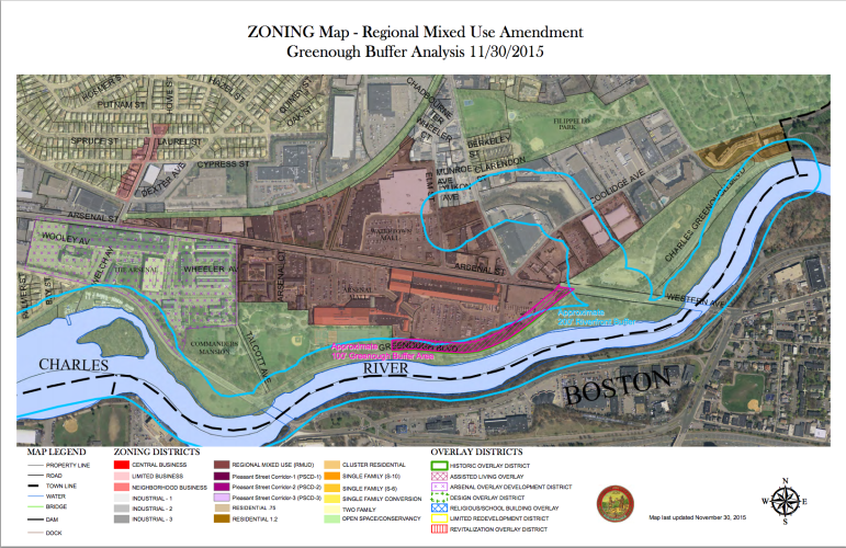 A map showing the RMUD buffer zones protecting the Charles River. The red lines show the town's 100 foot buffer zone, the light blue show the 200 no-build zone under state laws.