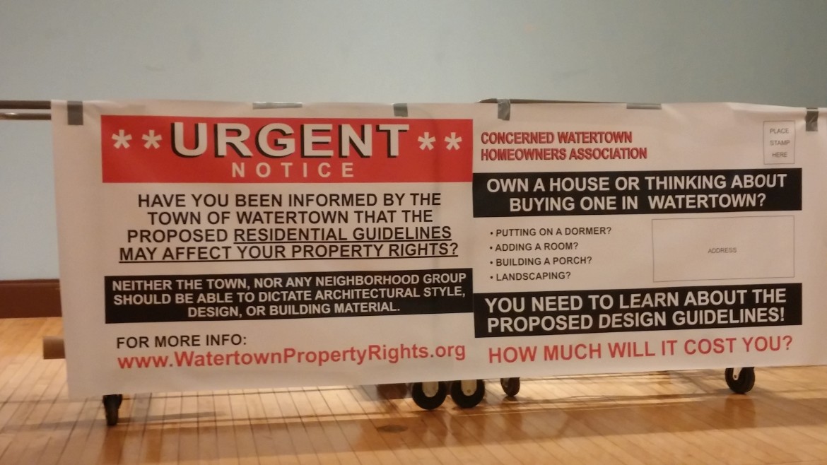 A mock-up of the post card the Concerned Watertown Homeowners Association may send to residents.