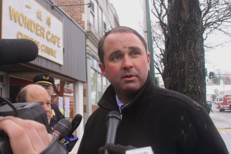 Michael Lawn, the new police chief, shown here addressing the media while at a crime scene.