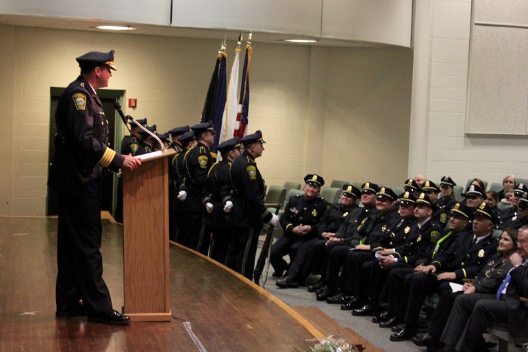 New Watertown Police Chief Michael Lawn speaks during his swearing in ceremony at Watertown Middle School.