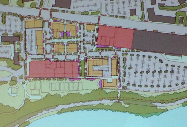 A conceptual diagram showing what the renovated Arsenal Mall could look like. The yellow buildings are new ones, with the red ones being the long, historic Arsenal buildings.