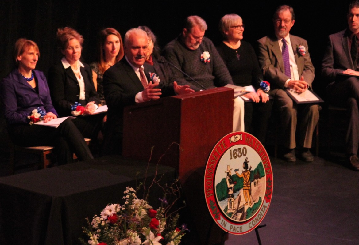 Town Council President Mark Sideris speaks during the Inauguration at the Arsenal Center for the Arts Charles Mosesian Theater.