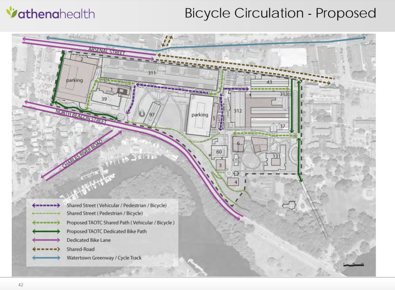 A diagram showing the shared streets, pedestrian and bicycle paths on the Arsenal on the Charles campus.