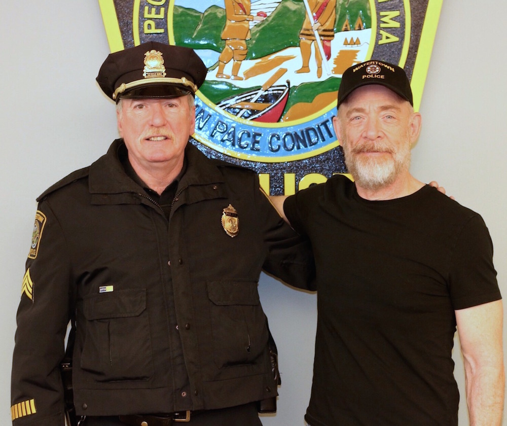 Oscar winner J.K. Simmons, right, poses with Watertown Police Sgt. Jeffrey Pugliese, one of the officers who faced the Tsarnaev brothers in the Watertown Shootout.