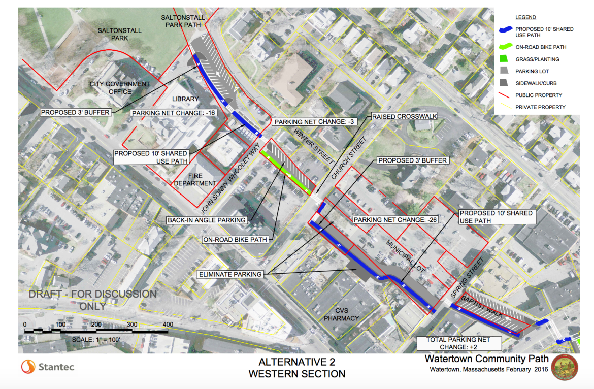 A diagram of a proposed link for the Community Path through the west side of Watertown Square. 