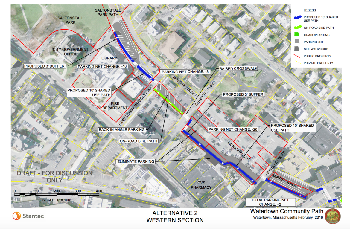 A diagram of a proposed link for the Community Path through the west side of Watertown Square.