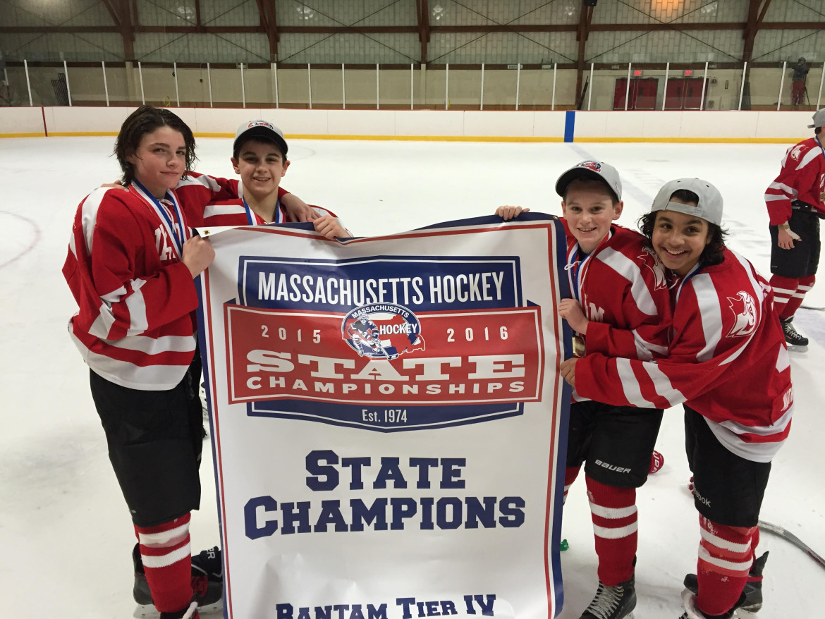 Youth hockey players Keith Ricci, Sean Donohue, Matt Tardiff and Jordan Landani, all from Watertown, helped Waltham win the Bantam State Championship.