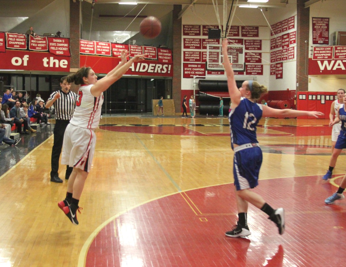Senior guard Michaela Antonellis puts up a three in the State Tournament game against Danvers. She had 8 points for Watertown.