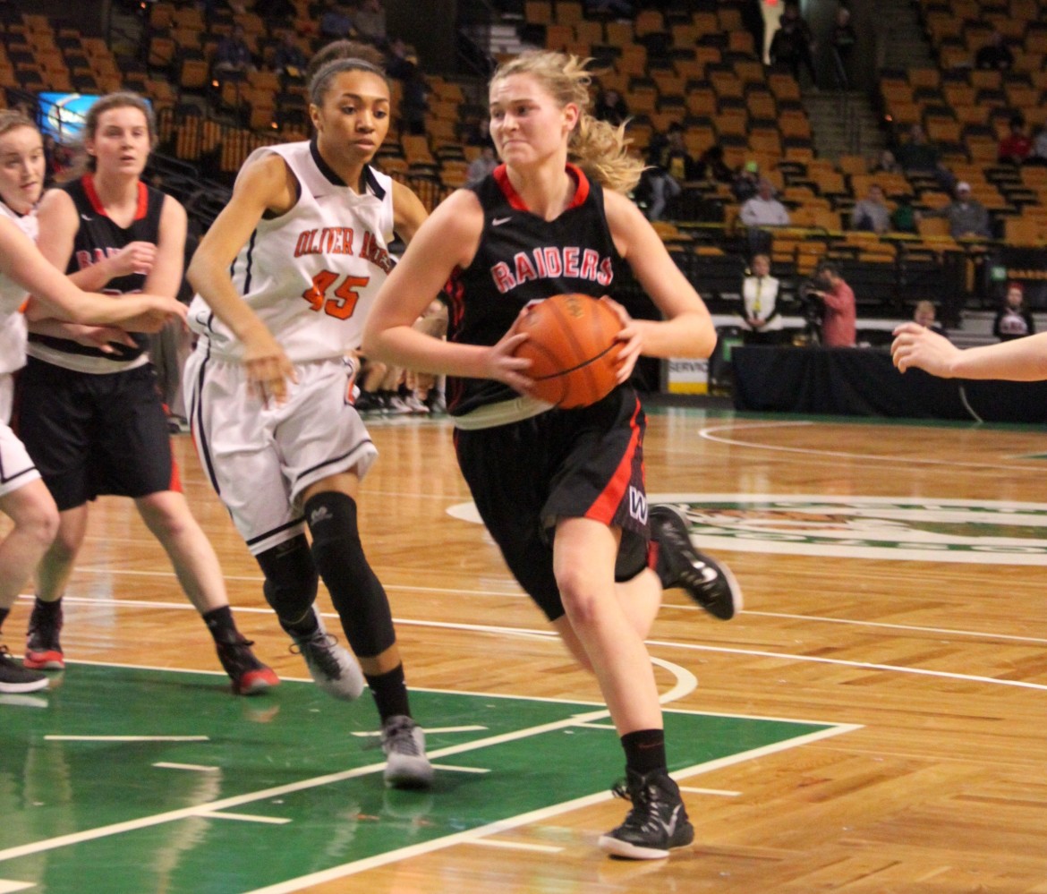 Watertown's Shannon Murphy drives to the hoop in the state semifinal. The junior center scored 20 points.