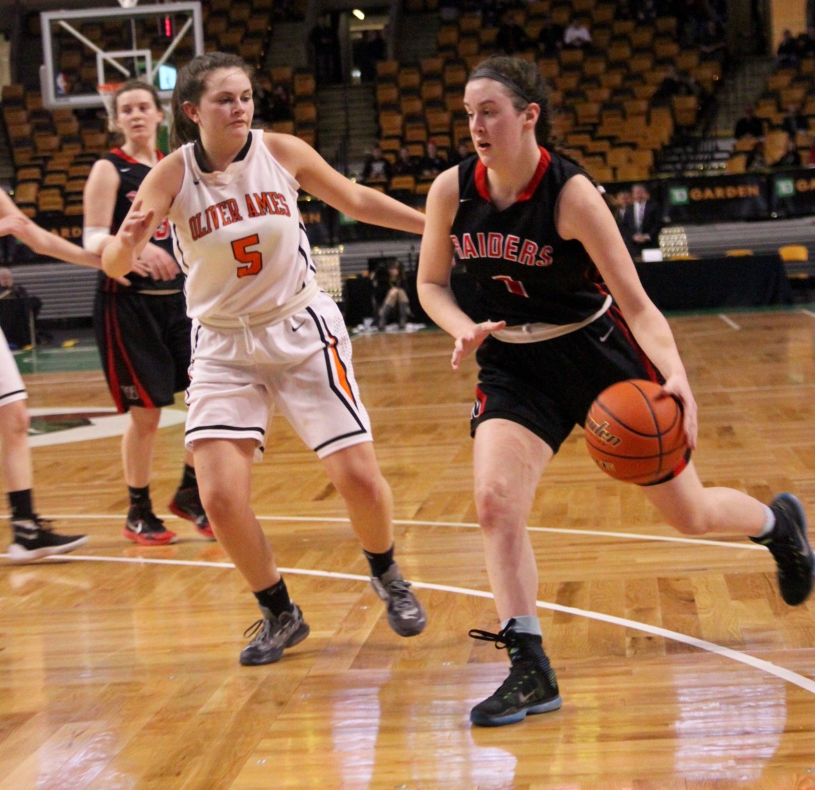 Watertown senior forward Felicia Korte scored 11 points in the Raiders' 48-34 win over Oliver Ames at the TD Garden.
