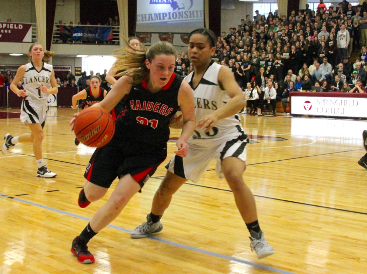 Watertown senior forward Katelyn Rourke brings the ball up past the Longmeadow defender in the state final in Springfield.