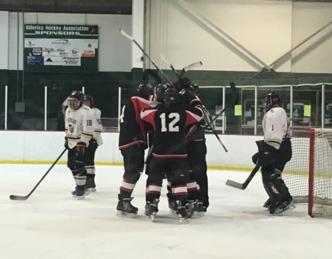 The Watertown hockey team celebrates scoring against Northeast Regional in the state tournament.