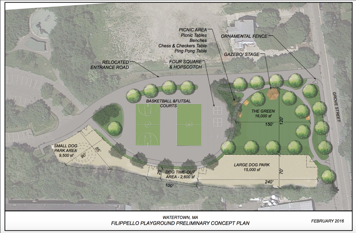The latest conceptual drawing of the renovated entrance to Filippello Park with an extended dog park area.