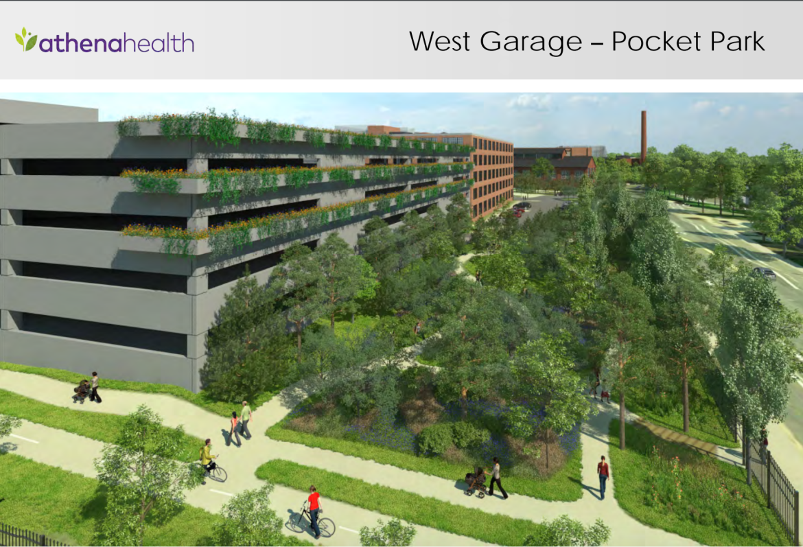 A view of the new proposal for the parking garage on the west side of athenahealth's campus, including a pocket park. There is now more space between the road and the garage.