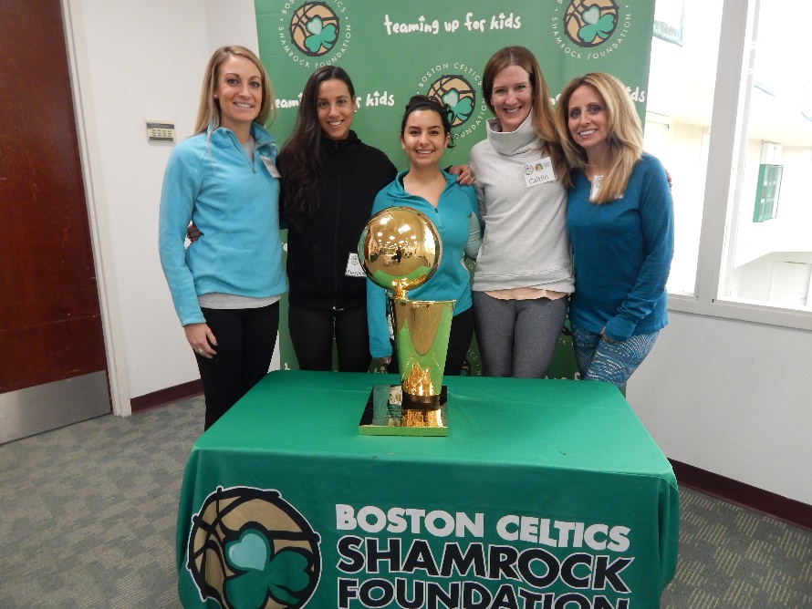 Boston Marathon runners, from left, Kim Horton, Alexandra Zedros, Yasi Abdolmohammadi, Caitlin Leary and Julie Mauro have each pledged to raise at least $5,000 on behalf of the Boston Celtics Shamrocks Foundation.