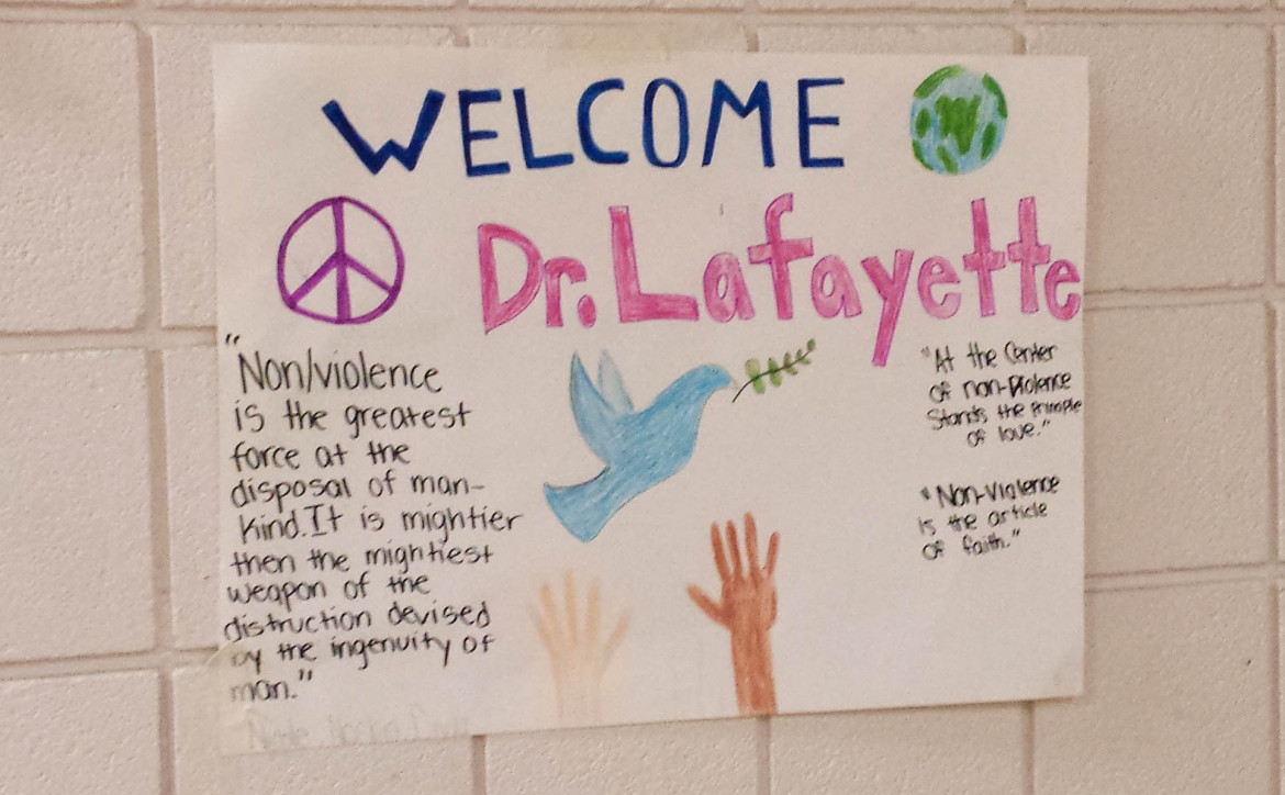 Watertown Middle School Students made a sign to welcome Dr. Bernard LaFayette.