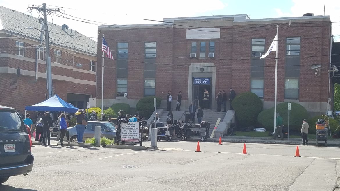 Crews set up outside the old Watertown Police Station to shoot part of the film, "Patriots Day."