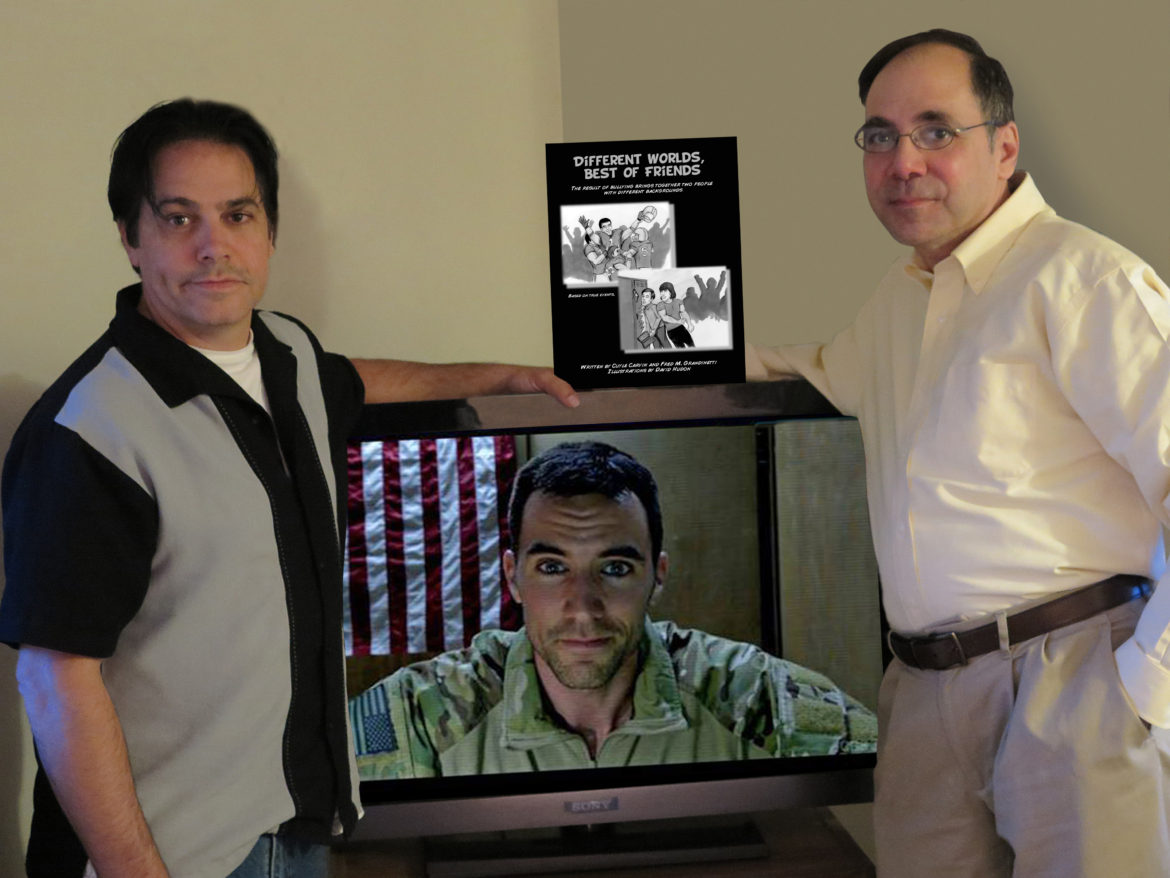 From left to right, Illustrator David Hudon, Author and actor Cuyle Carvin in a scene from Hawaii Five-O and author Fred M. Grandinetti.