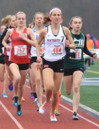 Watertown High School sophomore Emily Koufos won the mile run at the Middlesex League Meet and set a new school record.