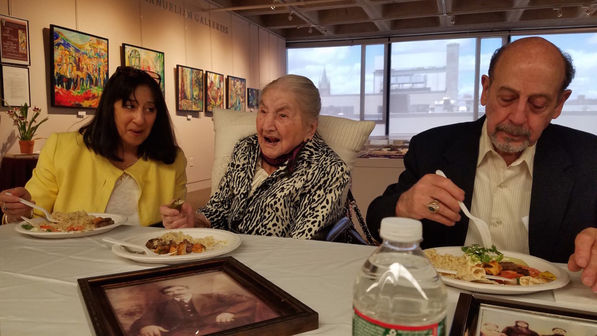 106-year-old Armenian Genocide survivor Asdghig Alemian enjoys lunch before sharing her story with educators at the Armenian Library and Museum of America. She is sitting with her daughter Claire and Alan.