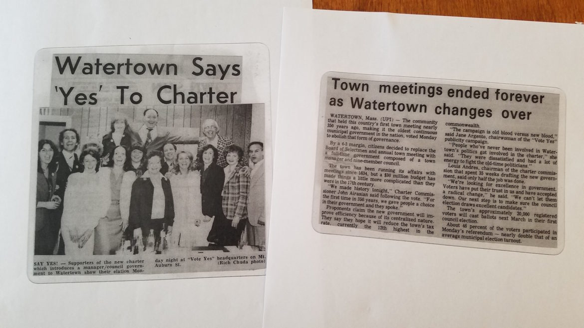 Newspaper clippings from the day Watertown voted to end Town Meeting and choose a new form of government. John Airasian, one of the leaders of the Yes campaign, can be seen second from the left.