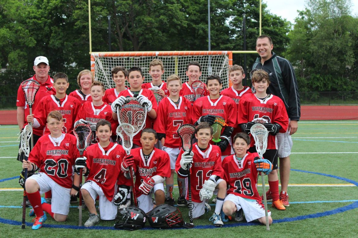 The Watertown Youth Lacrosse U-13 team finished 8-0 this yera. Pictured, from left, Back row: Coach Tom Shortt, Nelson Bellows, William Jokic, Aidan Flanagan, Brian Shortt, Anthony Lampasona, Coach JD Donohue; Middle row: Tyler Timperio, Ciaran Flanagan, Cam Reed, Owen Lawn, Levon Gukasyan, Rory Kennelly; Front row: Roan Hopkins, Jack Dickie, Anthony Venezia, Brenden Donovan, Patrick Donohue. (Not pictured: Eoin Morrissey, Jared Norton, and Aidan Conneely).