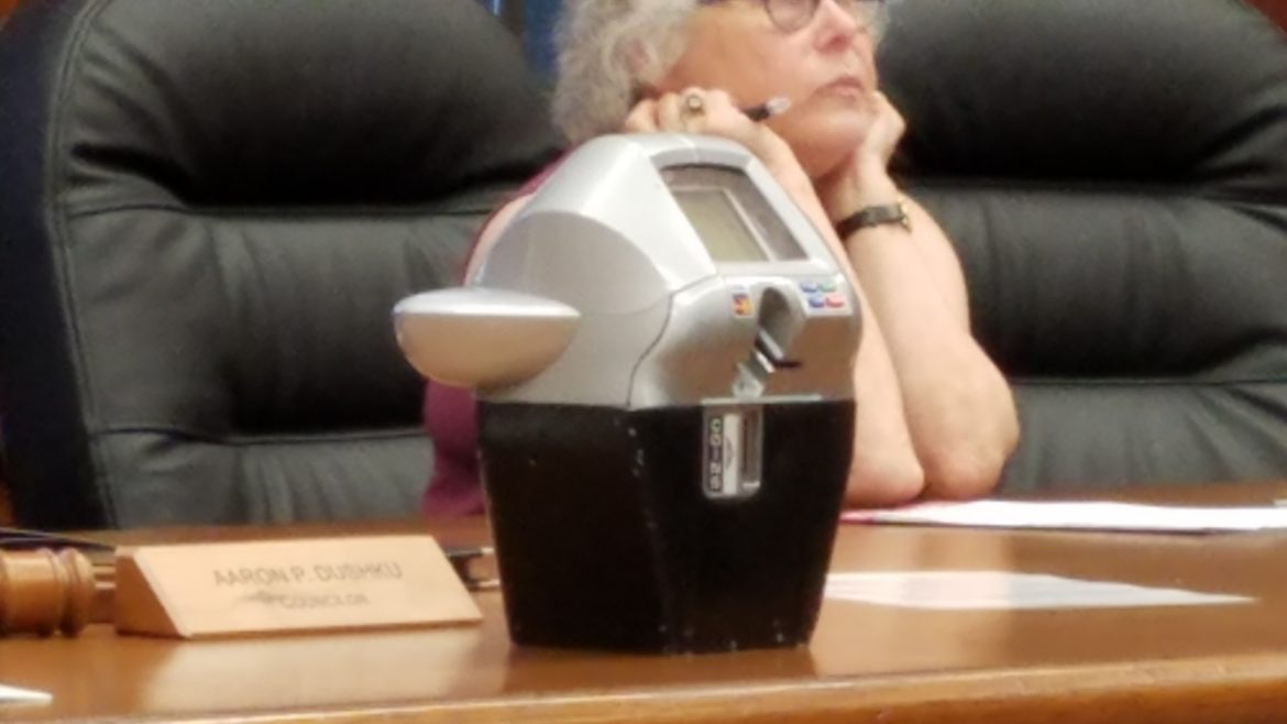 The Town Council is mulling over whether to buy smart parking meters, like this one, which takes multiple types of payments and provides data, but also have a larger price tag.