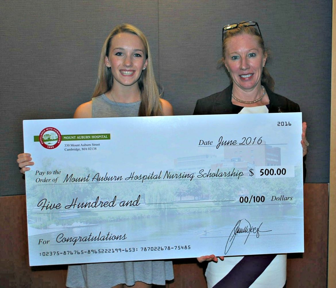 Watertown's Kelly Flynn received a scholarship to study nursing from Mount Auburn Hospital. Here she is pictured with Deborah Baker, RN, Vice President of Patient Care Services and Chief Nursing Executive at Mount Auburn Hospital.