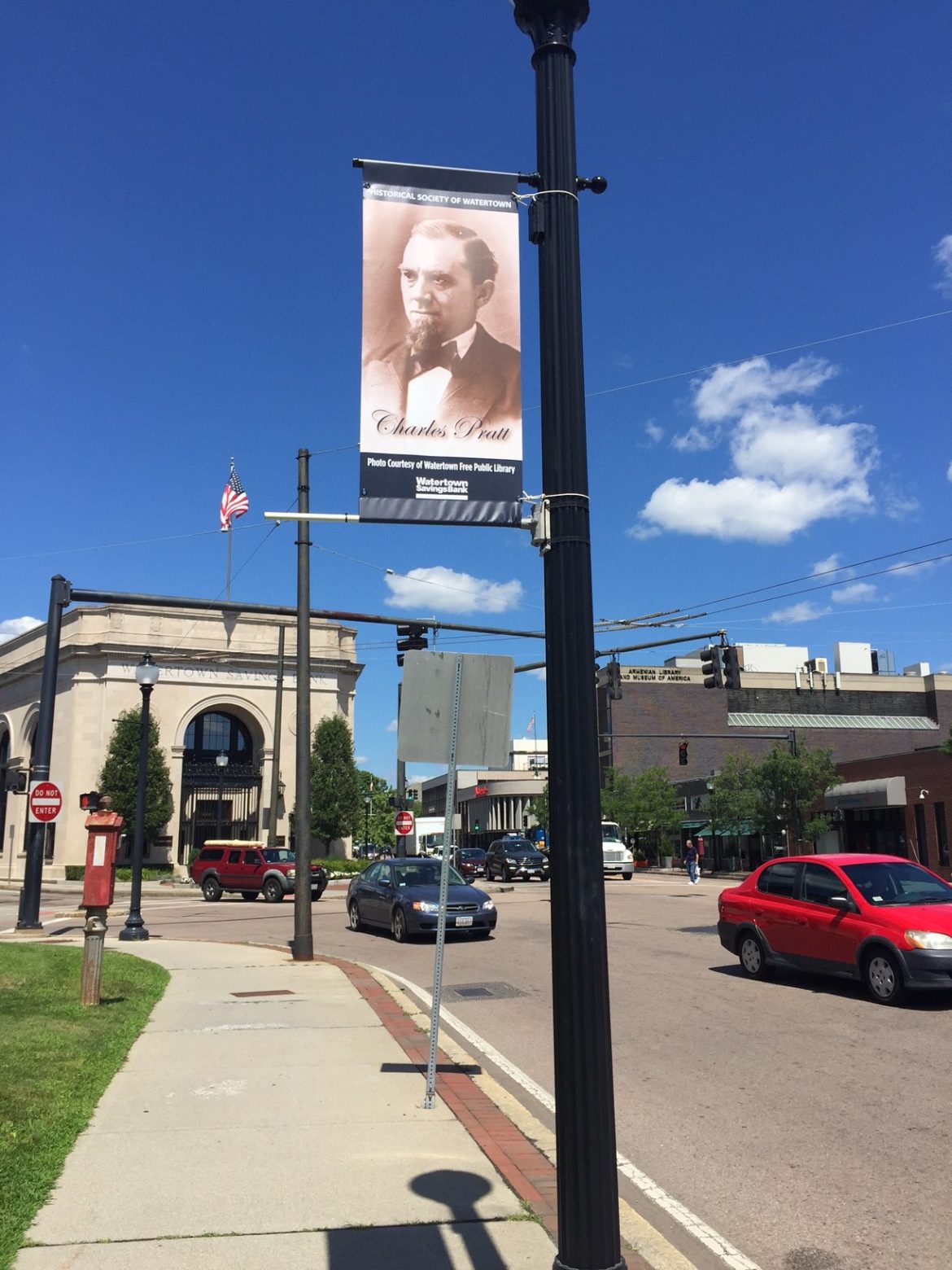 One of the new banners, this one featuring Charles Pratt, celebrating historical figures who lived in Watertown.