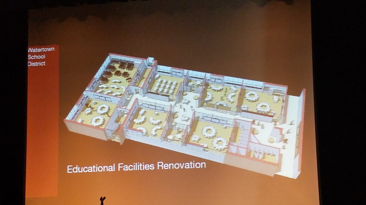 A drawing of what a typical classroom wing could look like if the layout is changed. There are more learning spaces.