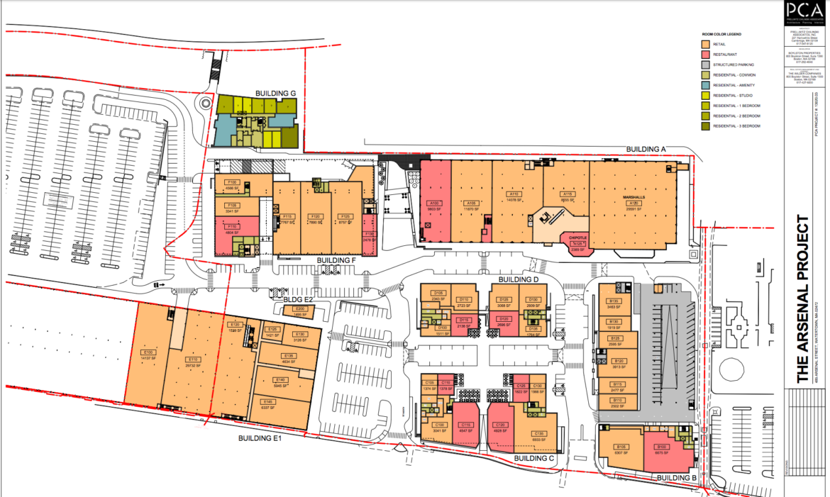 A layout of the new Arsenal Mall and the proposed uses for the buildings. Orange is retail, red is restaurant, the shades of green are residential units, blue is residential amenities and grey is structured parking. 
