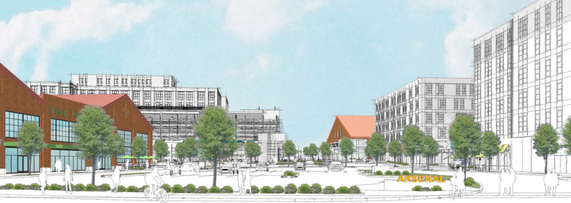 A view of the proposed new Arsenal Mall from Arsenal Street. The buildings in red are the existing long buildings a the mall.