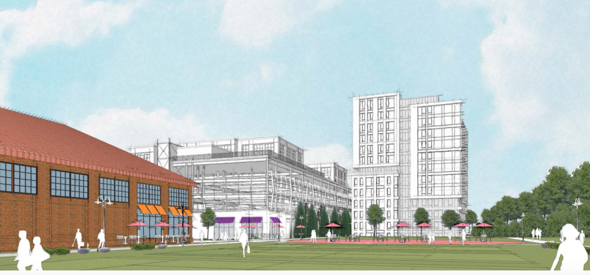 The proposed 12-story residential building is show in this drawing of the new Arsenal Mall. 