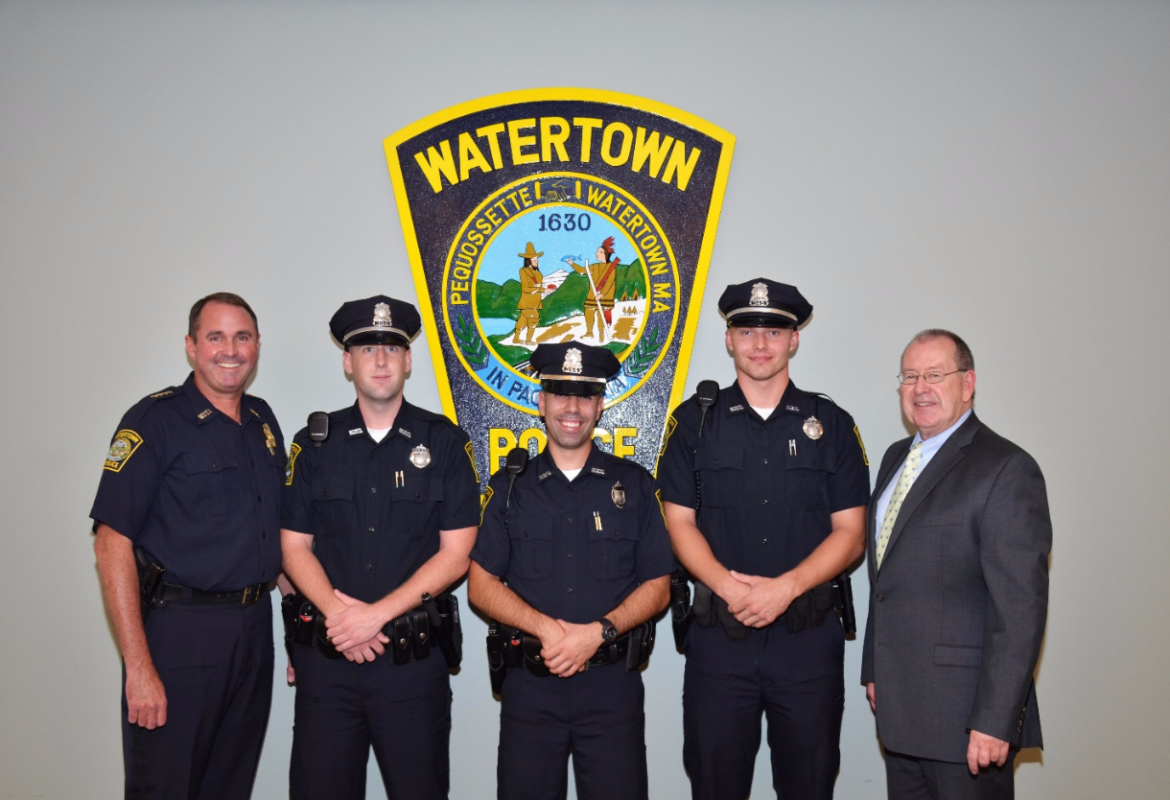 Chief Michael Lawn, left, welcomes Watertown's three newest police officers (from left) Sean Bowler, Michael Martino and  Christopher Hoey, along with Town Manager Michael Driscoll.