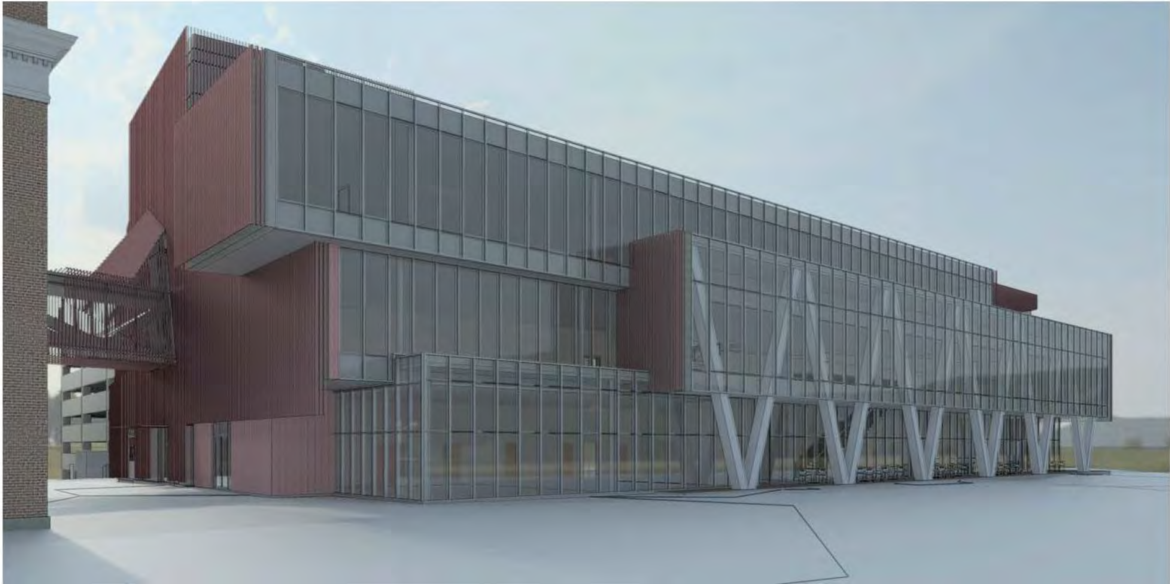 A detailed rendering of the front of the new building proposed to go on Arsenal Street in the Arsenal on the Charles complex.